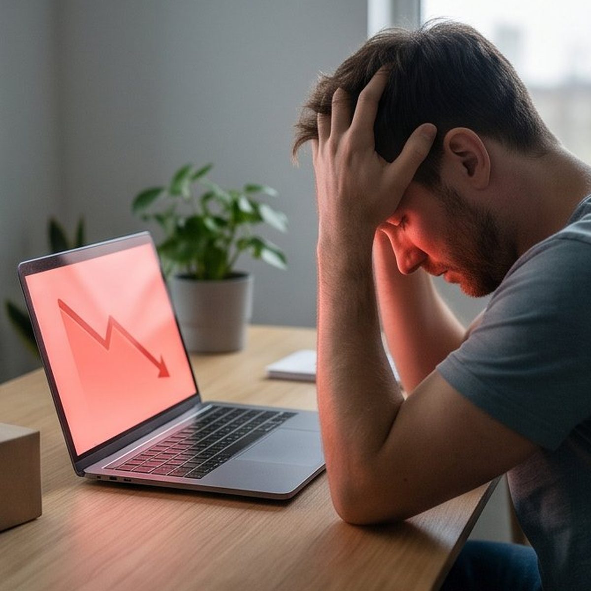 Owner at laptop watching the chart drop
